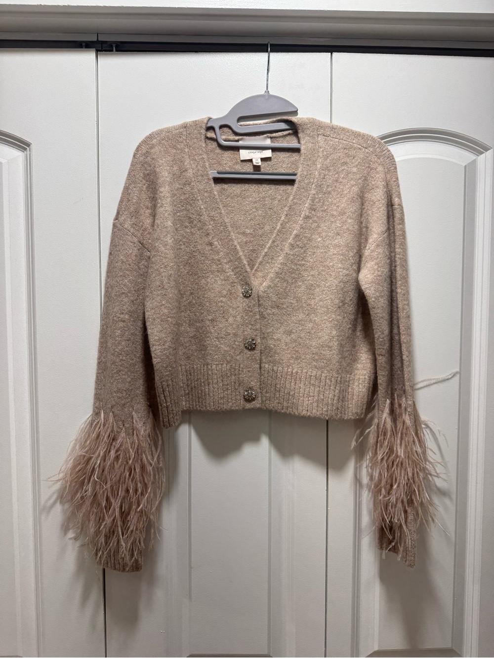 cinq a sept Feather Trim V-Neck Crop Cardigan - Beige
